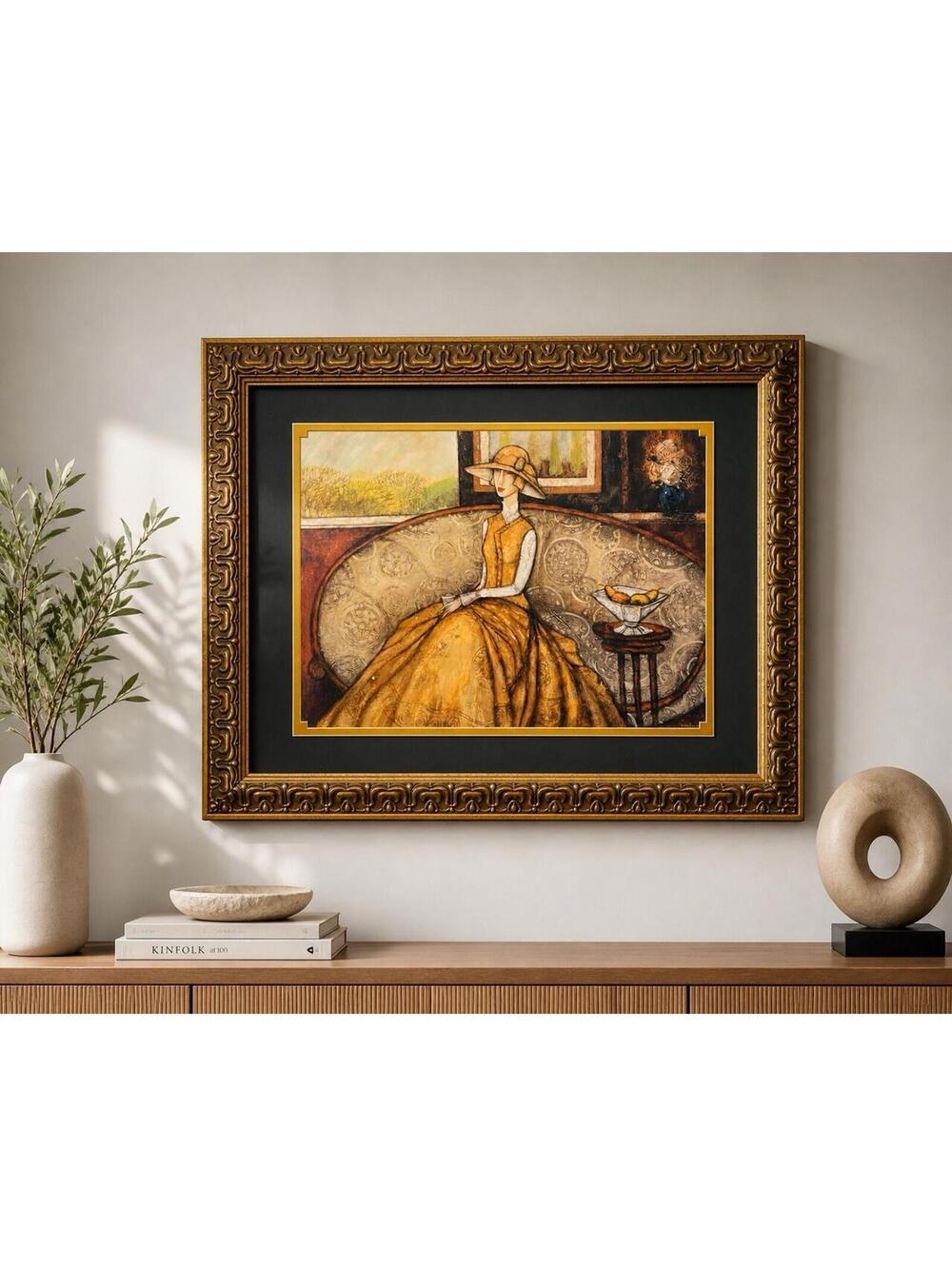 Ludmila Curilova Moldova 2000s Sitting Lady Contemp Art Print Gold Frame, 23x19”